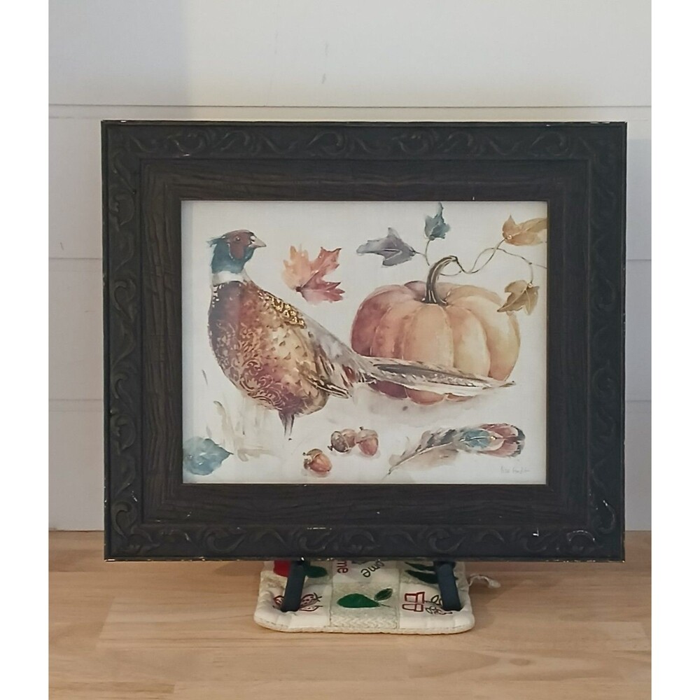 Large 19.5" Farmhouse Country Wall Picture Autumn Harvest Pheasant Bird Pumpkin